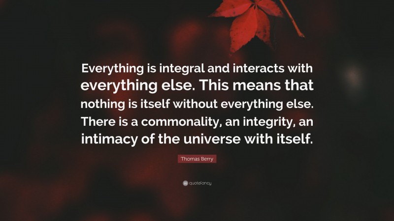Thomas Berry Quote: “Everything is integral and interacts with everything else. This means that nothing is itself without everything else. There is a commonality, an integrity, an intimacy of the universe with itself.”