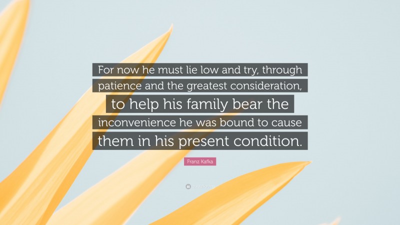 Franz Kafka Quote: “For now he must lie low and try, through patience and the greatest consideration, to help his family bear the inconvenience he was bound to cause them in his present condition.”