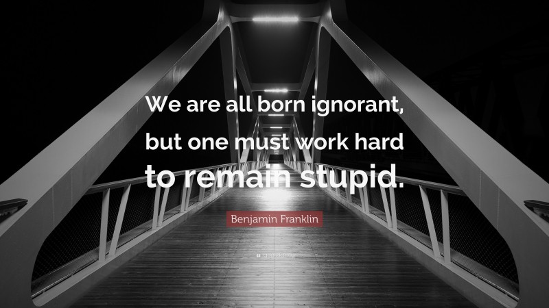 Benjamin Franklin Quote: “We are all born ignorant, but one must work hard to remain stupid.”