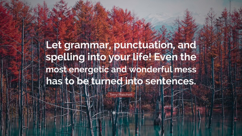 Terry Pratchett Quote: “Let grammar, punctuation, and spelling into your life! Even the most energetic and wonderful mess has to be turned into sentences.”