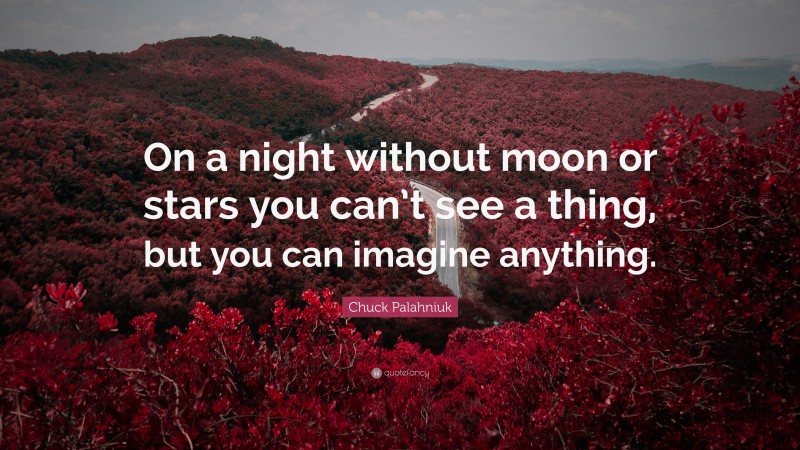 Chuck Palahniuk Quote: “On a night without moon or stars you can’t see a thing, but you can imagine anything.”