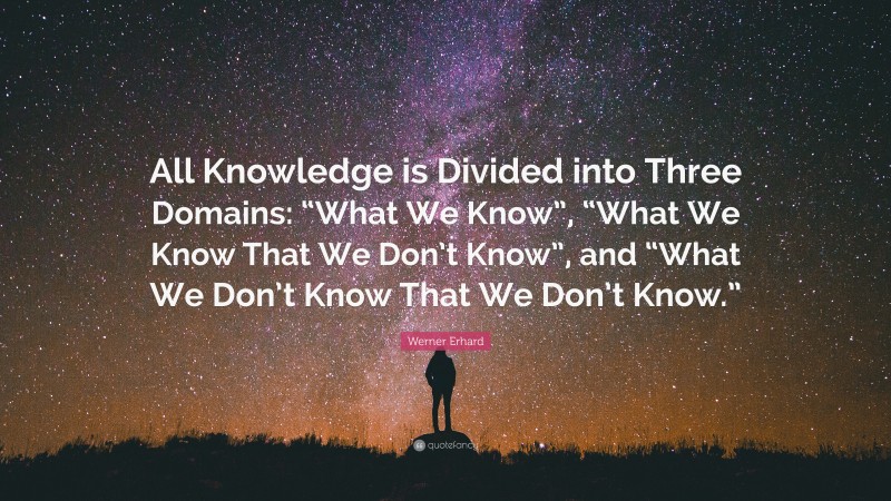 Werner Erhard Quote: “All Knowledge is Divided into Three Domains: “What We Know”, “What We Know That We Don’t Know”, and “What We Don’t Know That We Don’t Know.””