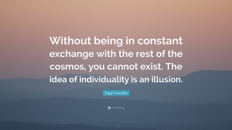 Jaggi Vasudev Quote: “Without being in constant exchange with the rest of the cosmos, you cannot exist. The idea of individuality is an illusion.”