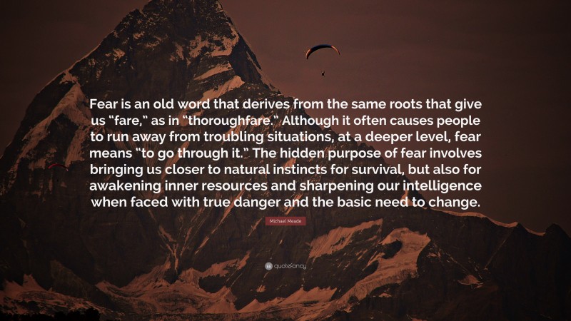 Michael Meade Quote: “Fear is an old word that derives from the same roots that give us “fare,” as in “thoroughfare.” Although it often causes people to run away from troubling situations, at a deeper level, fear means “to go through it.” The hidden purpose of fear involves bringing us closer to natural instincts for survival, but also for awakening inner resources and sharpening our intelligence when faced with true danger and the basic need to change.”