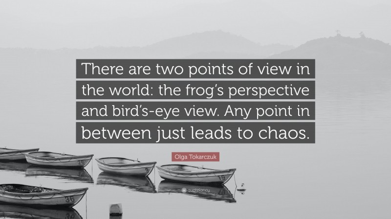 Olga Tokarczuk Quote: “There are two points of view in the world: the frog’s perspective and bird’s-eye view. Any point in between just leads to chaos.”