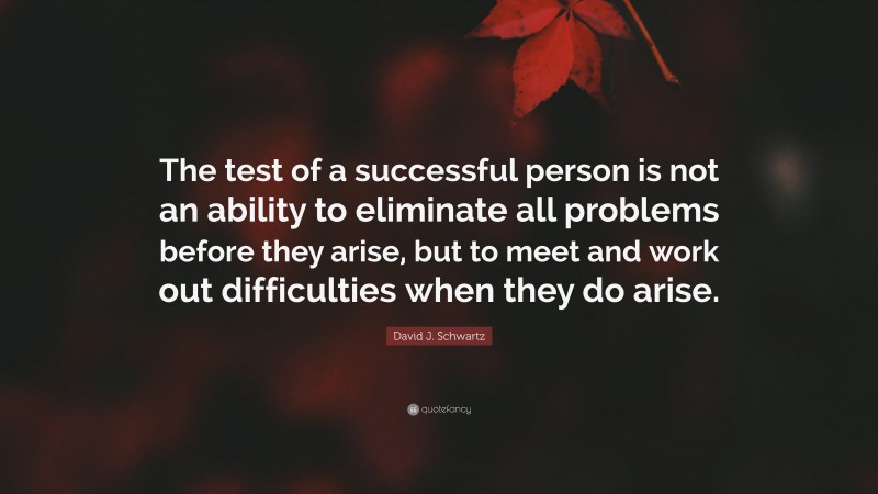 David J. Schwartz Quote: “The test of a successful person is not an ability to eliminate all problems before they arise, but to meet and work out difficulties when they do arise.”