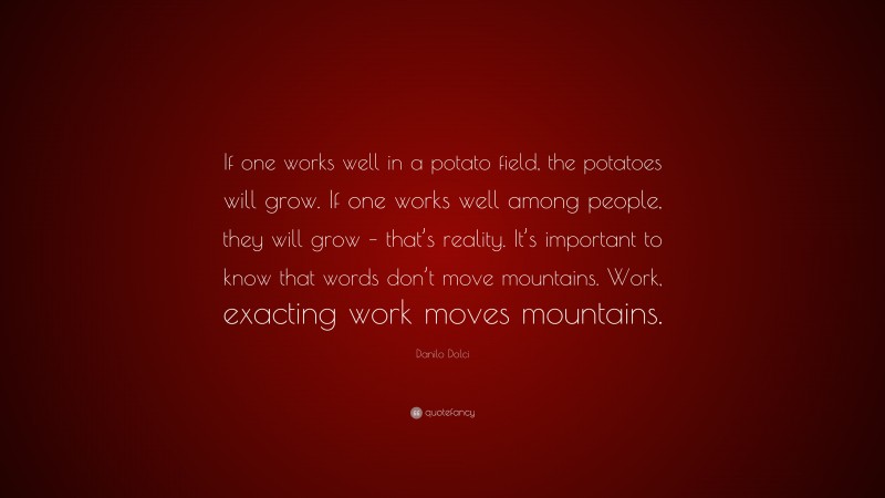 Danilo Dolci Quote: “If one works well in a potato field, the potatoes will grow. If one works well among people, they will grow – that’s reality. It’s important to know that words don’t move mountains. Work, exacting work moves mountains.”