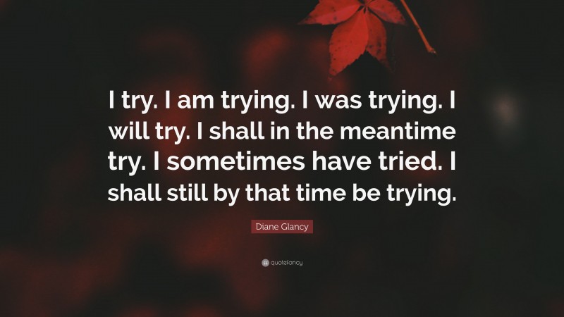Diane Glancy Quote: “I try. I am trying. I was trying. I will try. I shall in the meantime try. I sometimes have tried. I shall still by that time be trying.”