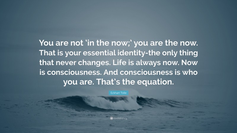 Eckhart Tolle Quote: “You are not ‘in the now;’ you are the now. That is your essential identity-the only thing that never changes. Life is always now. Now is consciousness. And consciousness is who you are. That’s the equation.”