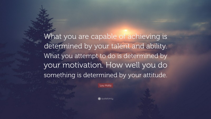 Lou Holtz Quote: “What you are capable of achieving is determined by your talent and ability. What you attempt to do is determined by your motivation. How well you do something is determined by your attitude.”