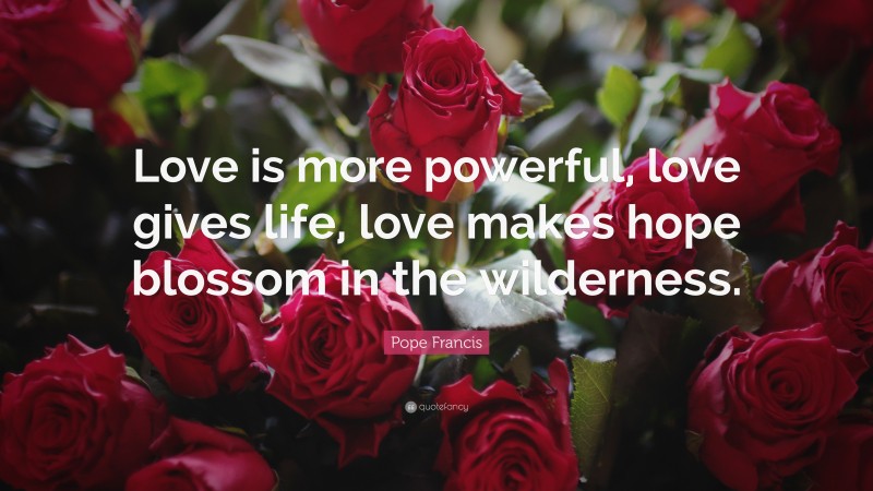Pope Francis Quote: “Love is more powerful, love gives life, love makes hope blossom in the wilderness.”