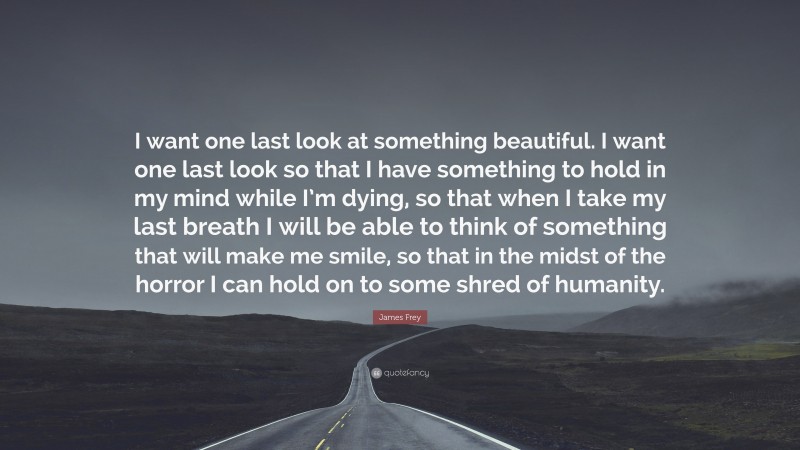 James Frey Quote: “I want one last look at something beautiful. I want one last look so that I have something to hold in my mind while I’m dying, so that when I take my last breath I will be able to think of something that will make me smile, so that in the midst of the horror I can hold on to some shred of humanity.”