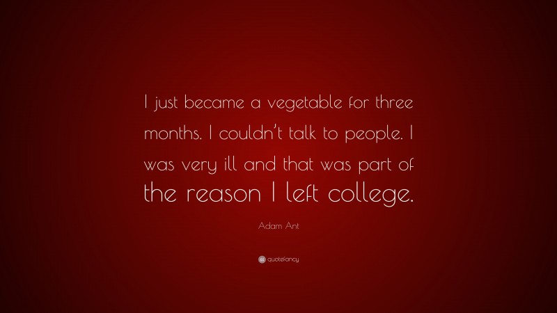 Adam Ant Quote: “I just became a vegetable for three months. I couldn’t talk to people. I was very ill and that was part of the reason I left college.”