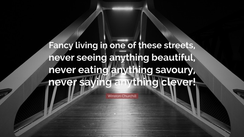 Winston Churchill Quote: “Fancy living in one of these streets, never seeing anything beautiful, never eating anything savoury, never saying anything clever!”