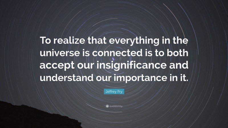 Jeffrey Fry Quote: “To realize that everything in the universe is connected is to both accept our insignificance and understand our importance in it.”