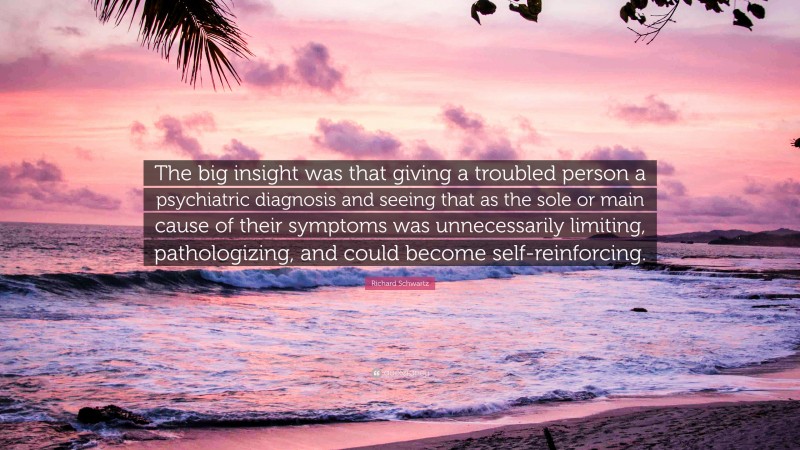 Richard Schwartz Quote: “The big insight was that giving a troubled person a psychiatric diagnosis and seeing that as the sole or main cause of their symptoms was unnecessarily limiting, pathologizing, and could become self-reinforcing.”