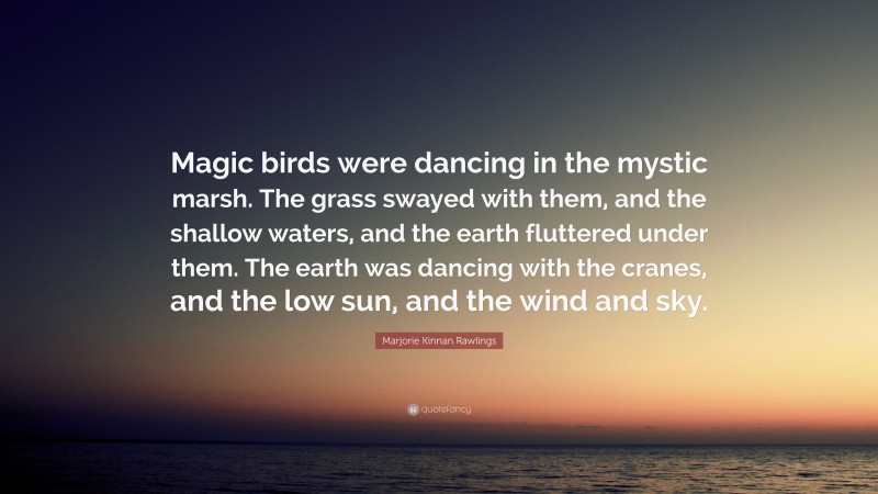 Marjorie Kinnan Rawlings Quote: “Magic birds were dancing in the mystic marsh. The grass swayed with them, and the shallow waters, and the earth fluttered under them. The earth was dancing with the cranes, and the low sun, and the wind and sky.”