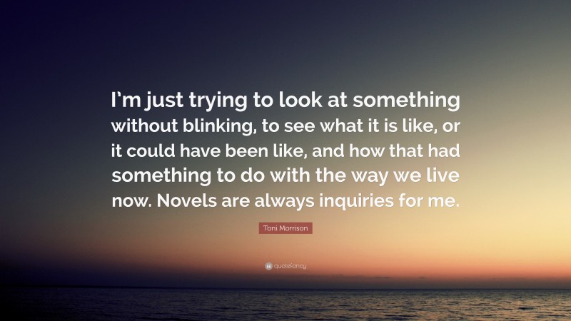 Toni Morrison Quote: “I’m just trying to look at something without blinking, to see what it is like, or it could have been like, and how that had something to do with the way we live now. Novels are always inquiries for me.”