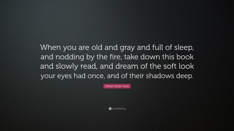 William Butler Yeats Quote: “When you are old and gray and full of sleep, and nodding by the fire, take down this book and slowly read, and dream of the soft look your eyes had once, and of their shadows deep.”