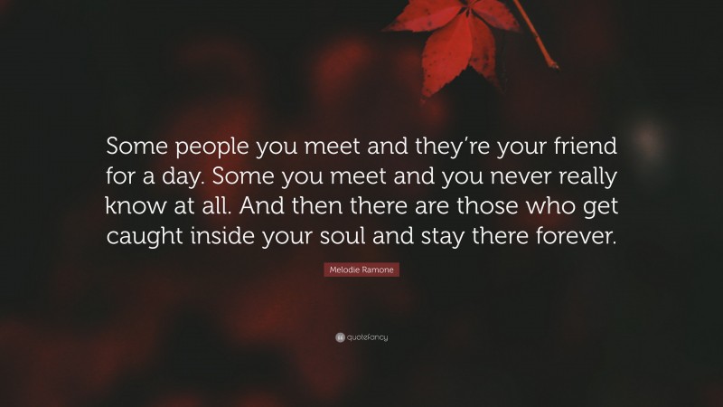 Melodie Ramone Quote: “Some people you meet and they’re your friend for a day. Some you meet and you never really know at all. And then there are those who get caught inside your soul and stay there forever.”