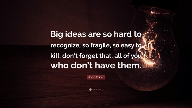 John Elliott Quote: “Big ideas are so hard to recognize, so fragile, so easy to kill. don’t forget that, all of you who don’t have them.”