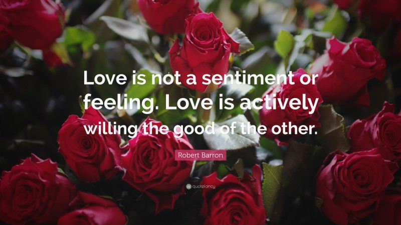 Robert Barron Quote: “Love is not a sentiment or feeling. Love is actively willing the good of the other.”