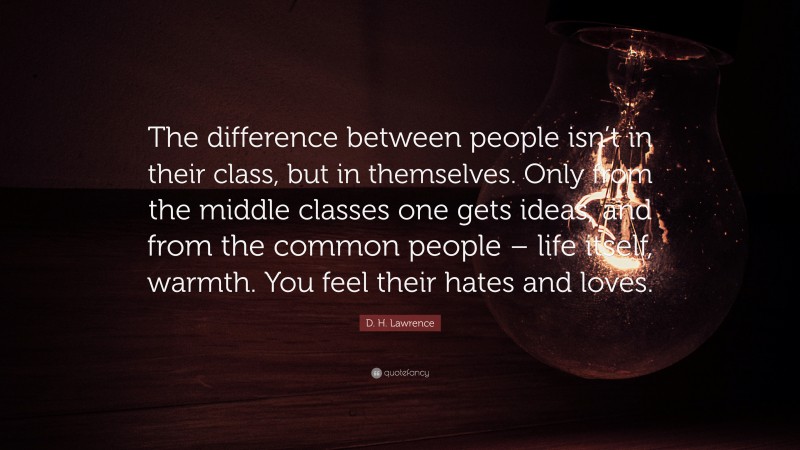 D. H. Lawrence Quote: “The difference between people isn’t in their class, but in themselves. Only from the middle classes one gets ideas, and from the common people – life itself, warmth. You feel their hates and loves.”