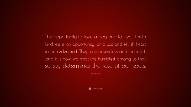 Dean Koontz Quote: “The opportunity to love a dog and to treat it with kindness is an opportunity for a lost and selfish heart to be redeemed. They are powerless and innocent, and it is how we treat the humblest among us that surely determines the fate of our souls.”
