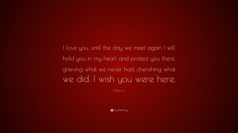 Marie Lu Quote: “I love you, until the day we meet again I will hold you in my heart and protect you there, grieving what we never had. cherishing what we did. I wish you were here.”