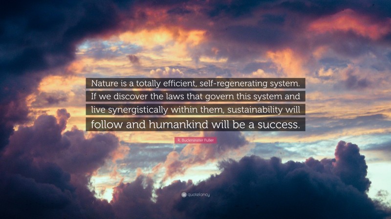 R. Buckminster Fuller Quote: “Nature is a totally efficient, self-regenerating system. If we discover the laws that govern this system and live synergistically within them, sustainability will follow and humankind will be a success.”