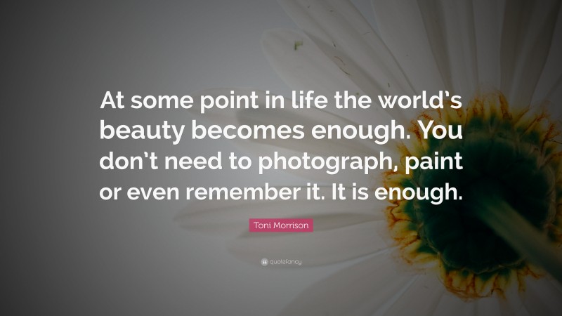 Toni Morrison Quote: “At some point in life the world’s beauty becomes enough. You don’t need to photograph, paint or even remember it. It is enough.”