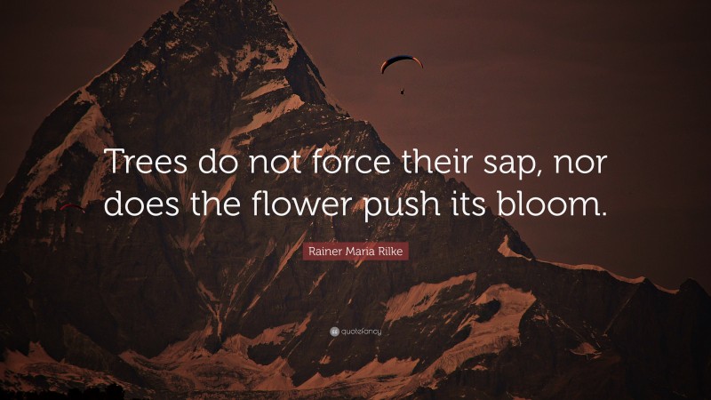 Rainer Maria Rilke Quote: “Trees do not force their sap, nor does the flower push its bloom.”