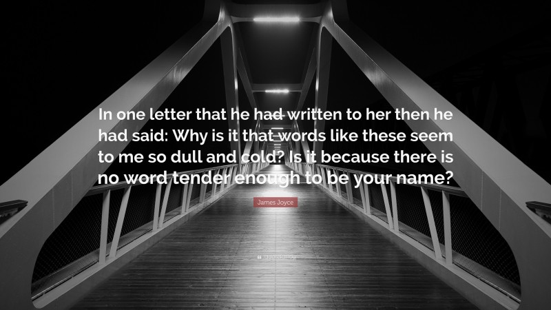 James Joyce Quote: “In one letter that he had written to her then he had said: Why is it that words like these seem to me so dull and cold? Is it because there is no word tender enough to be your name?”