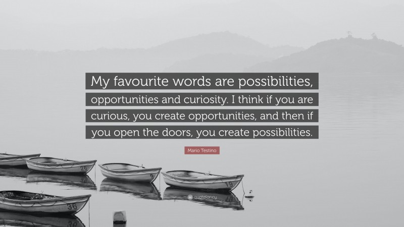 Mario Testino Quote: “My favourite words are possibilities, opportunities and curiosity. I think if you are curious, you create opportunities, and then if you open the doors, you create possibilities.”