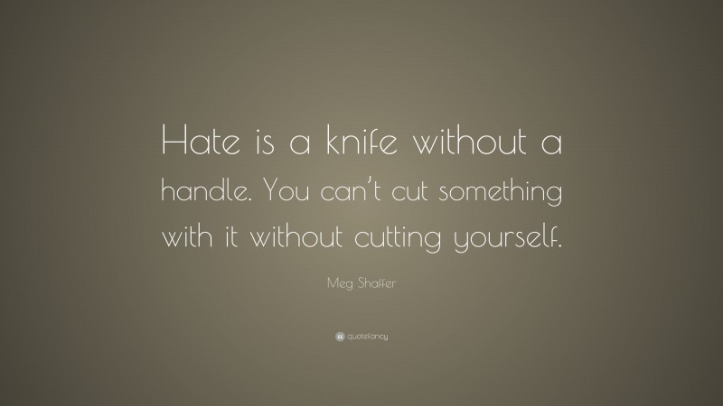 Meg Shaffer Quote: “Hate is a knife without a handle. You can’t cut something with it without cutting yourself.”