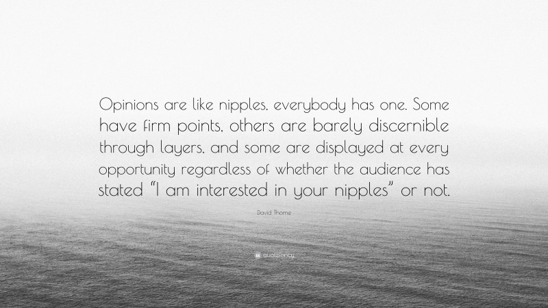 David Thorne Quote: “Opinions are like nipples, everybody has one. Some have firm points, others are barely discernible through layers, and some are displayed at every opportunity regardless of whether the audience has stated “I am interested in your nipples” or not.”