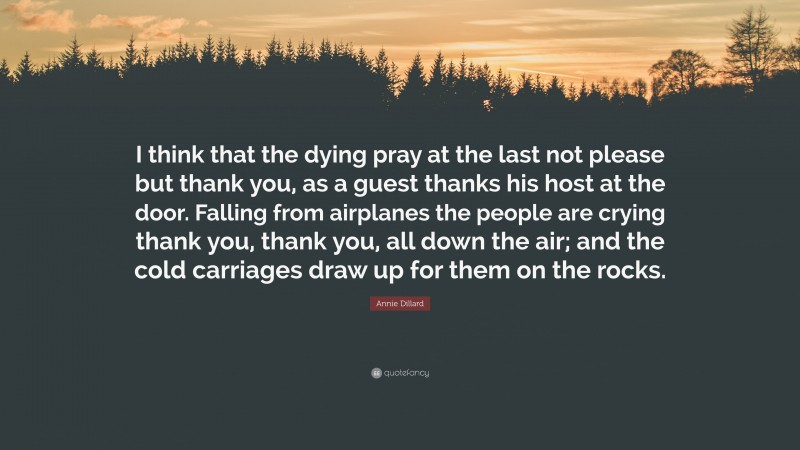 Annie Dillard Quote: “I think that the dying pray at the last not please but thank you, as a guest thanks his host at the door. Falling from airplanes the people are crying thank you, thank you, all down the air; and the cold carriages draw up for them on the rocks.”
