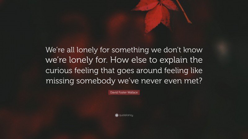 David Foster Wallace Quote: “We’re all lonely for something we don’t know we’re lonely for. How else to explain the curious feeling that goes around feeling like missing somebody we’ve never even met?”