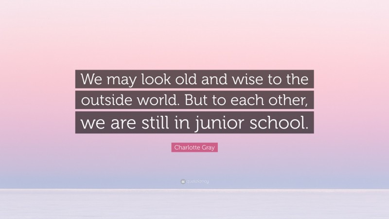 Charlotte Gray Quote: “We may look old and wise to the outside world. But to each other, we are still in junior school.”