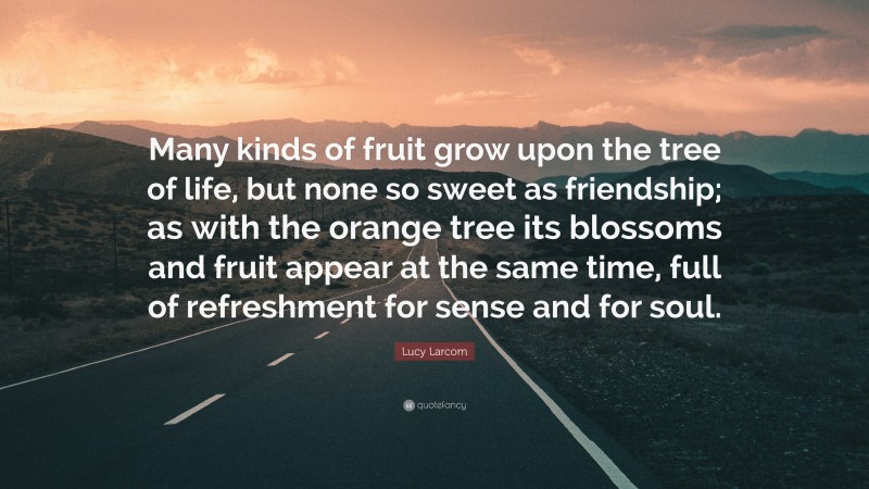 Lucy Larcom Quote: “Many kinds of fruit grow upon the tree of life, but none so sweet as friendship; as with the orange tree its blossoms and fruit appear at the same time, full of refreshment for sense and for soul.”