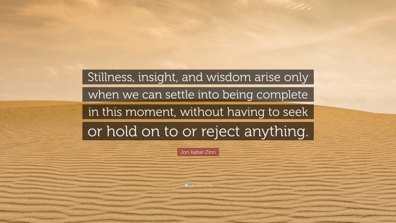 Jon Kabat-Zinn Quote: “Stillness, insight, and wisdom arise only when we can settle into being complete in this moment, without having to seek or hold on to or reject anything.”