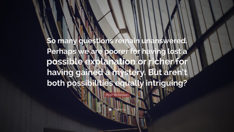 Peter Wohlleben Quote: “So many questions remain unanswered. Perhaps we are poorer for having lost a possible explanation or richer for having gained a mystery. But aren’t both possibilities equally intriguing?”