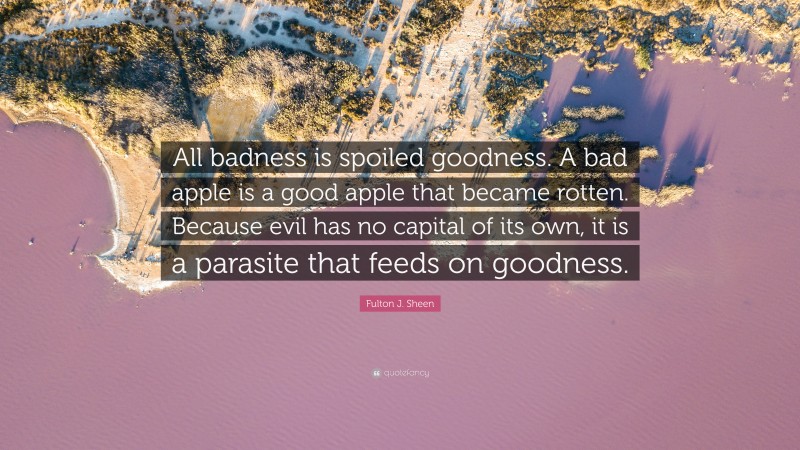 Fulton J. Sheen Quote: “All badness is spoiled goodness. A bad apple is a good apple that became rotten. Because evil has no capital of its own, it is a parasite that feeds on goodness.”