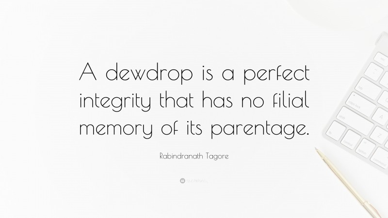 Rabindranath Tagore Quote: “A dewdrop is a perfect integrity that has no filial memory of its parentage.”