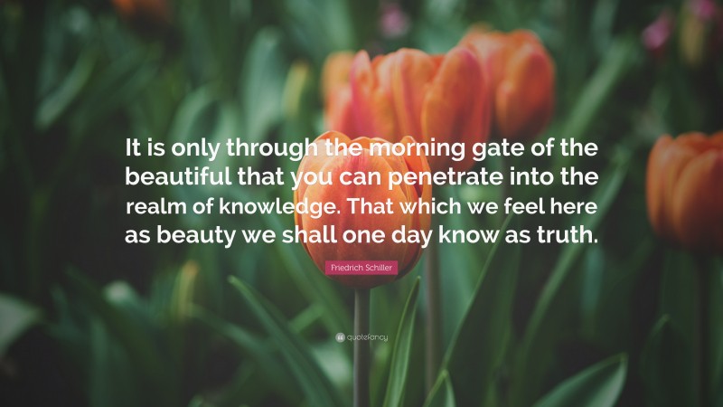 Friedrich Schiller Quote: “It is only through the morning gate of the beautiful that you can penetrate into the realm of knowledge. That which we feel here as beauty we shall one day know as truth.”