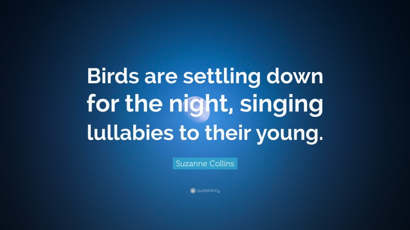 Suzanne Collins Quote: “Birds are settling down for the night, singing lullabies to their young.”