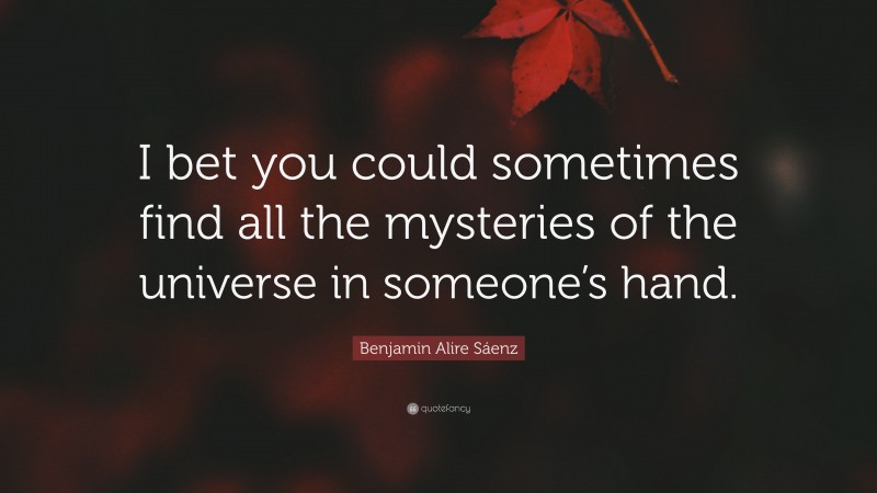 Benjamin Alire Sáenz Quote: “I bet you could sometimes find all the mysteries of the universe in someone’s hand.”