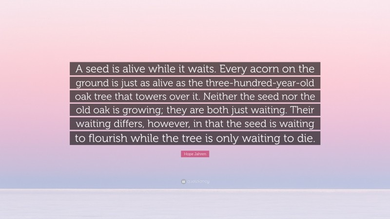 Hope Jahren Quote: “A seed is alive while it waits. Every acorn on the ground is just as alive as the three-hundred-year-old oak tree that towers over it. Neither the seed nor the old oak is growing; they are both just waiting. Their waiting differs, however, in that the seed is waiting to flourish while the tree is only waiting to die.”
