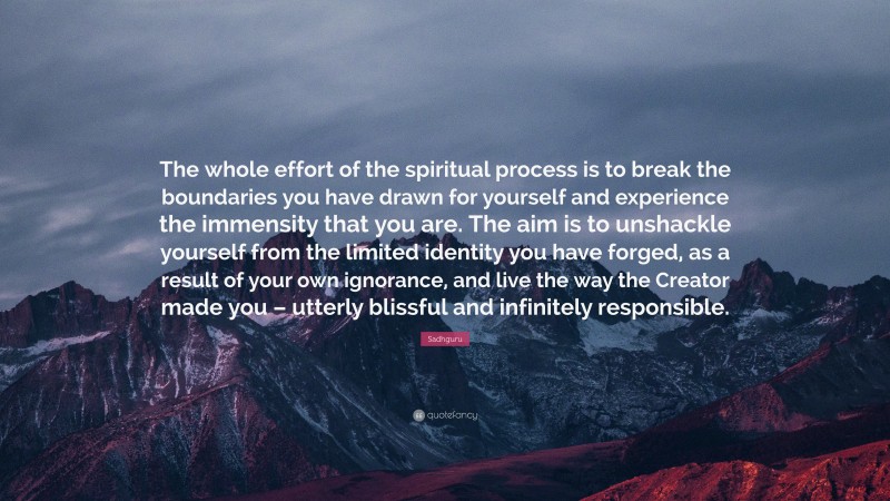 Sadhguru Quote: “The whole effort of the spiritual process is to break the boundaries you have drawn for yourself and experience the immensity that you are. The aim is to unshackle yourself from the limited identity you have forged, as a result of your own ignorance, and live the way the Creator made you – utterly blissful and infinitely responsible.”