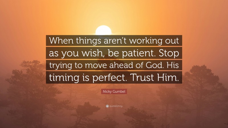 Nicky Gumbel Quote: “When things aren’t working out as you wish, be patient. Stop trying to move ahead of God. His timing is perfect. Trust Him.”